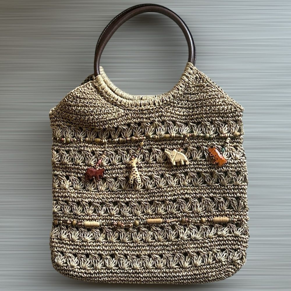 Handwoven Straw Tote with Animal Charms - Natural Brown